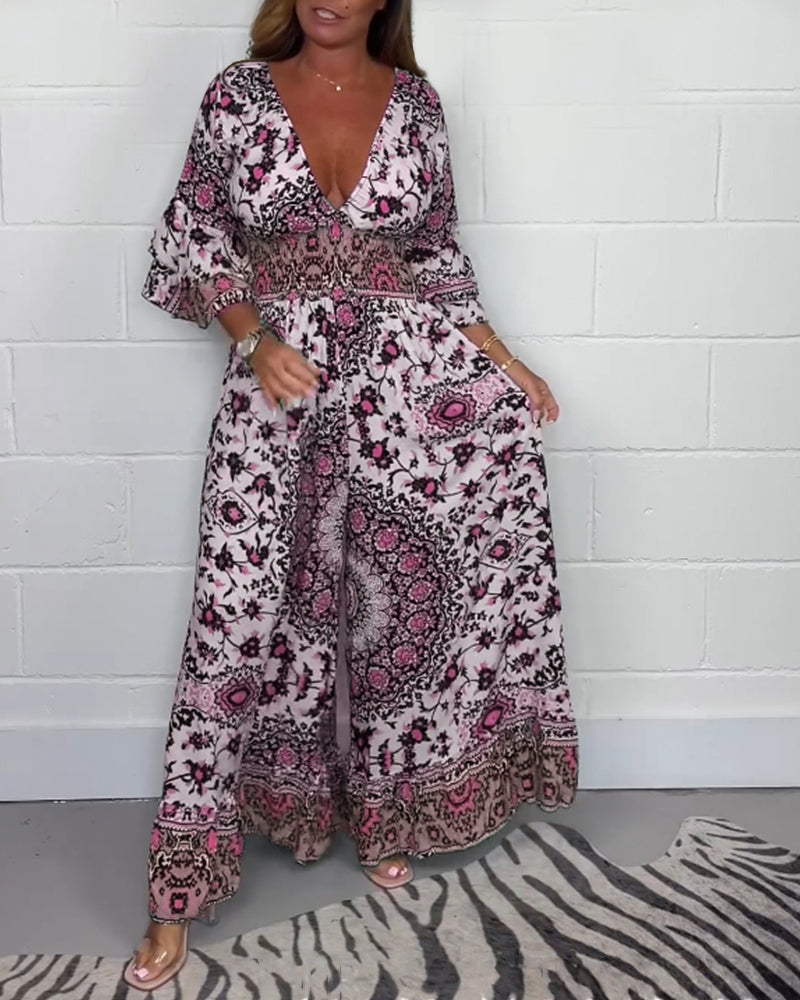 Printed deep V-neck jumpsuit