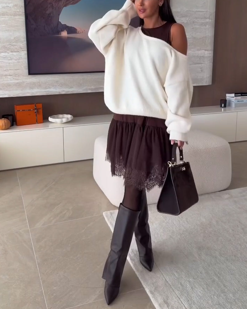 Off-Shoulder Loose Sweater & Lace Hem Dress
