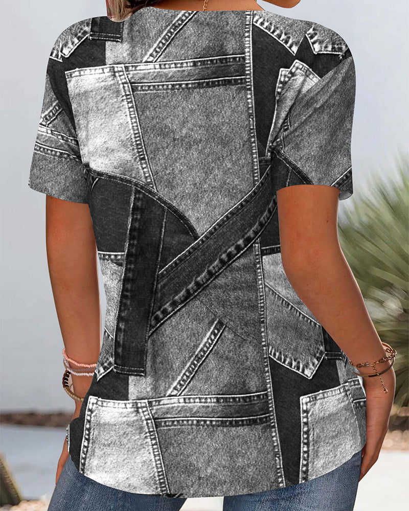 Aumora Vintage Denim Contrast Hollow Blouse