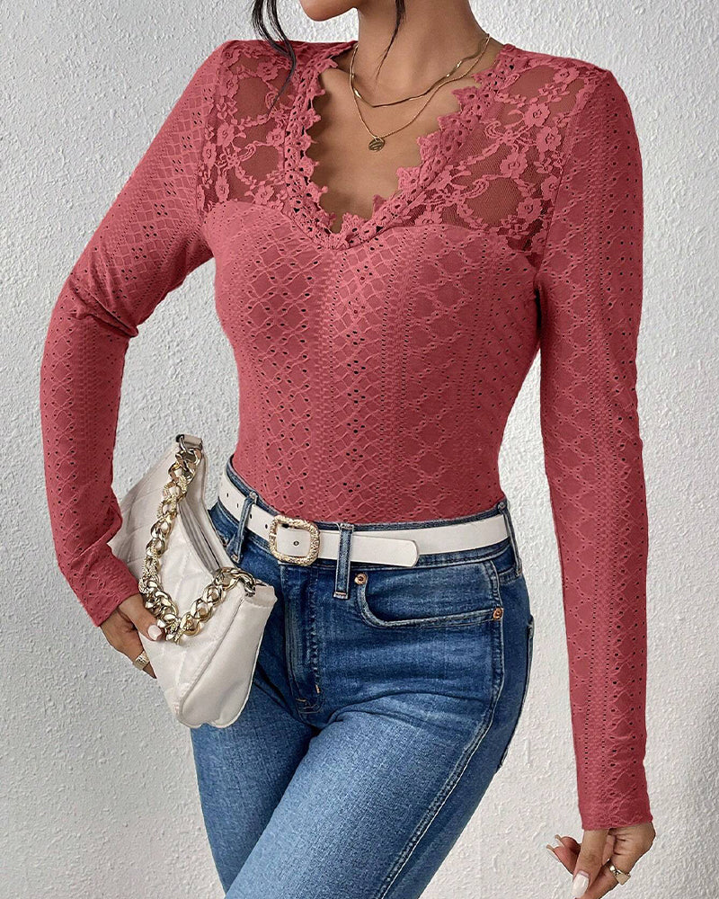 V-Neck Lace Panel Long-Sleeved Top