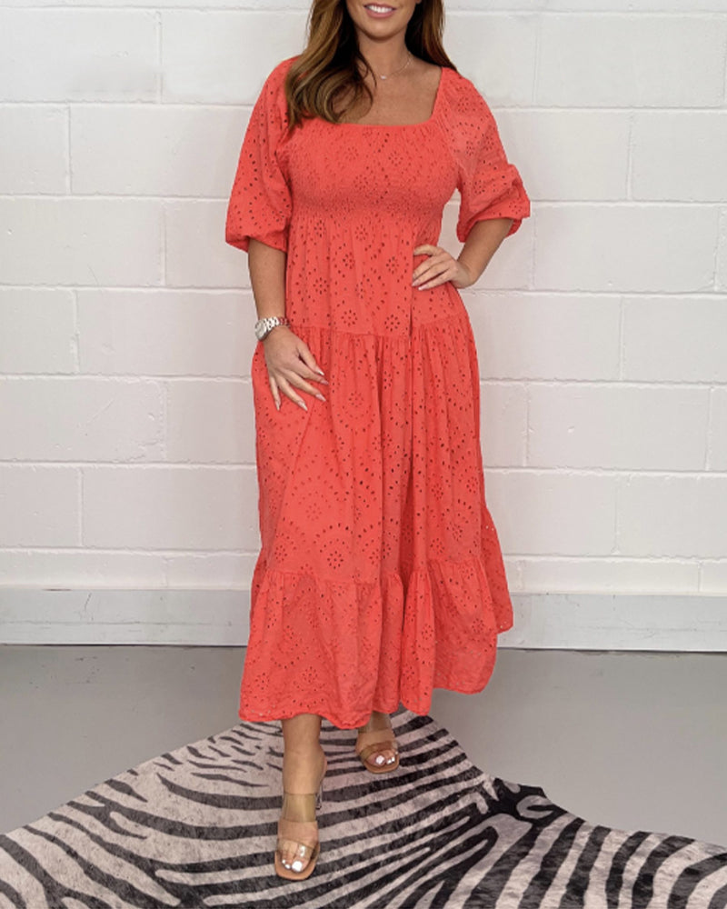 Square collar solid color hollow dress