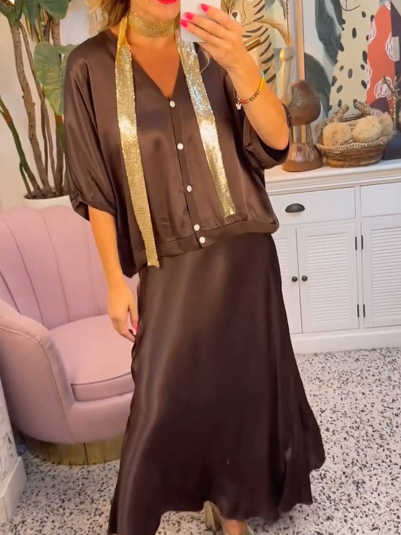 Casual solid color button V-neck skirt set