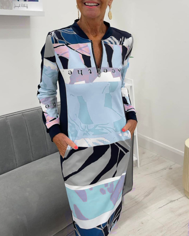 Zippered long sleeve pocket color block dress