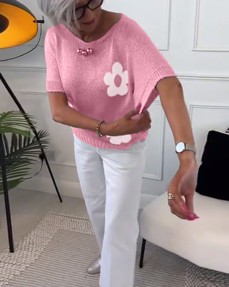 Round neck slim floral pullover sweater