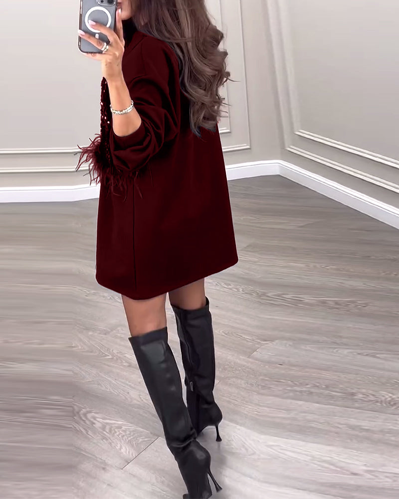 Fashion solid color sequin feather patchwork dress