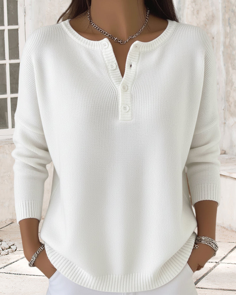 Long-Sleeved Button-Down Solid Color Sweater