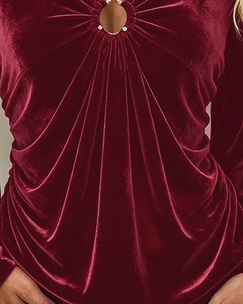 Velvet V-Neck O-Ring Twist Bell Sleeve Blouse