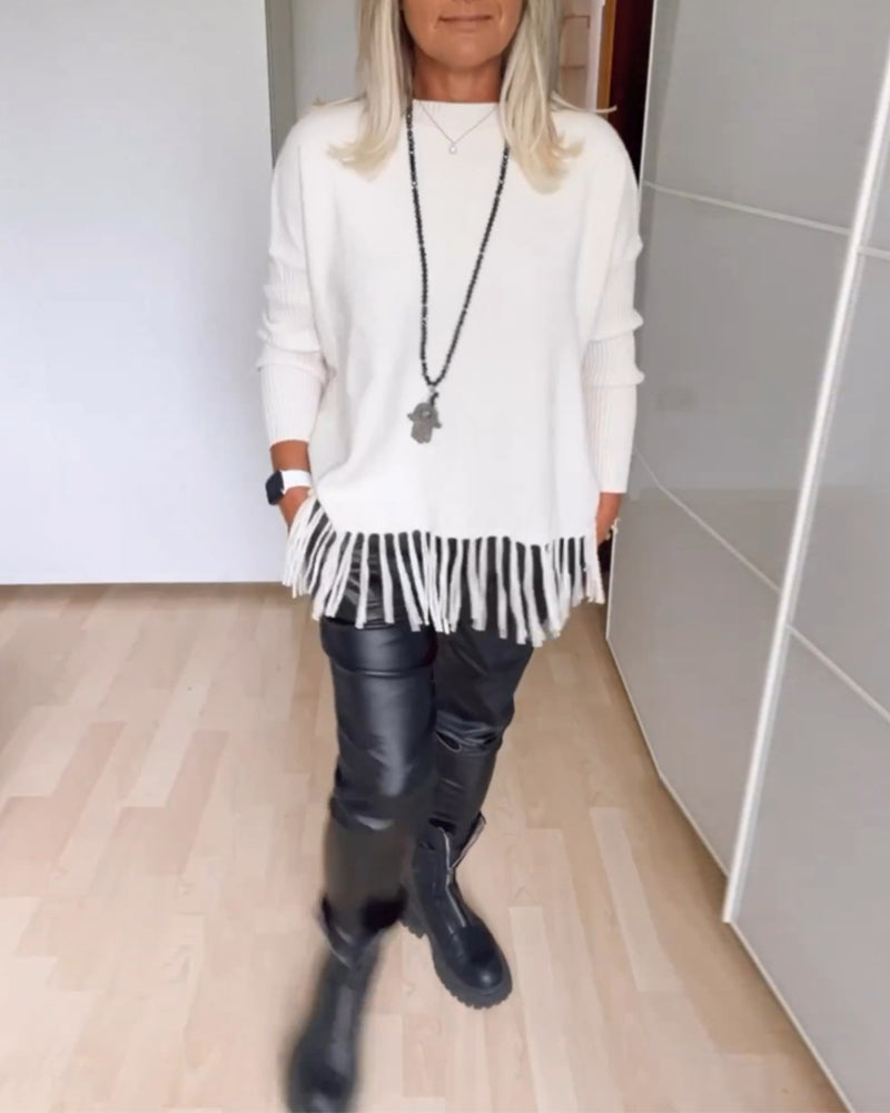 Solid color fringed casual sweater
