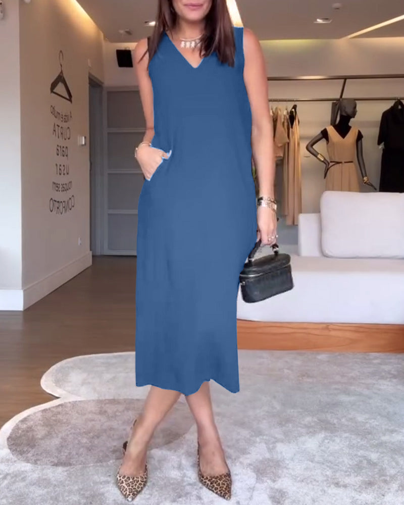 Aumora Casual V-neck Sleeveless Solid Color Split Dress