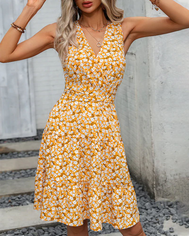 V-neck A-line Floral Dress