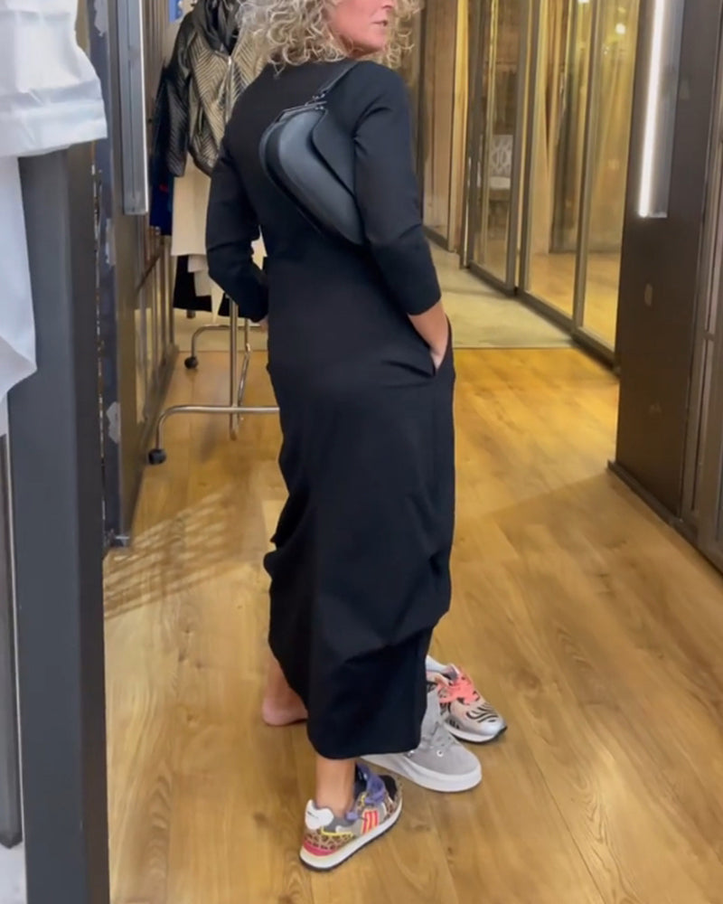 V-Neck Solid Color A-Line Dress