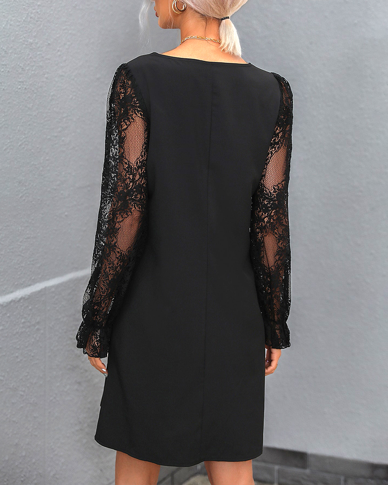Solid color v neck lace sleeve dress