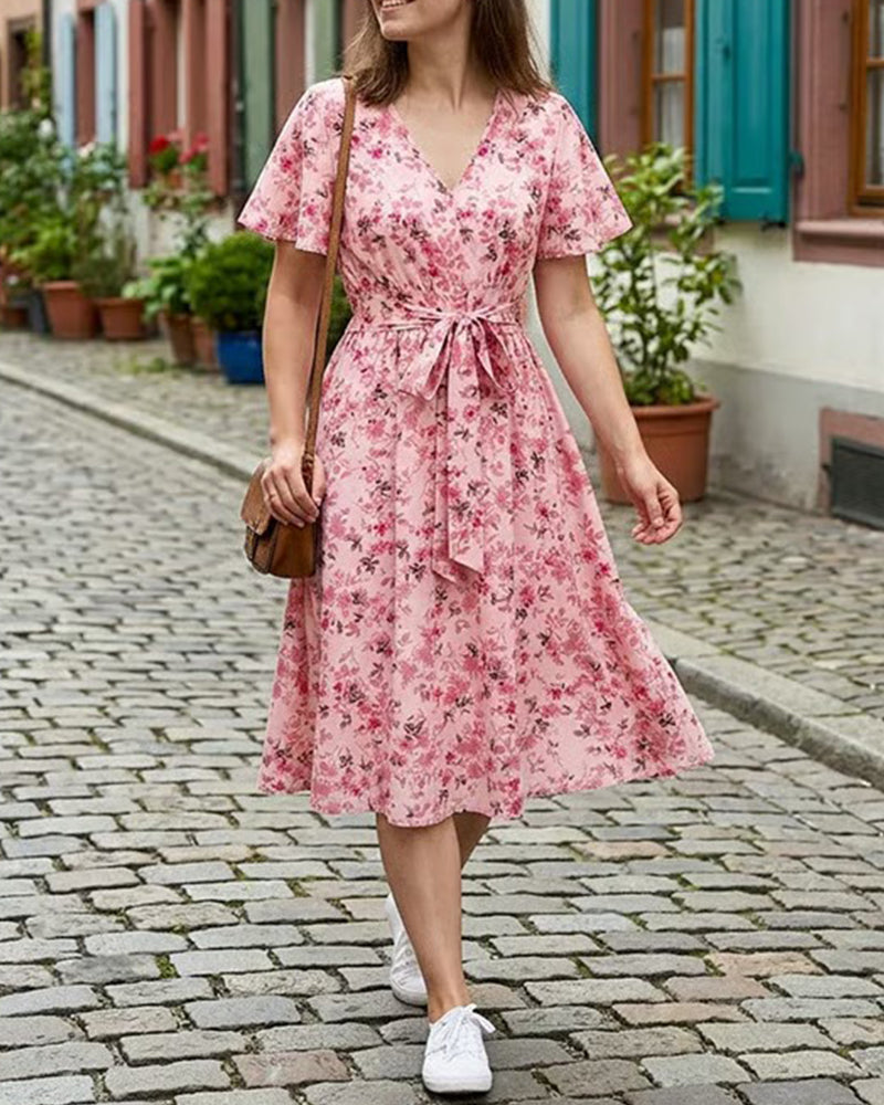 V-Neck Floral A-Line Dress
