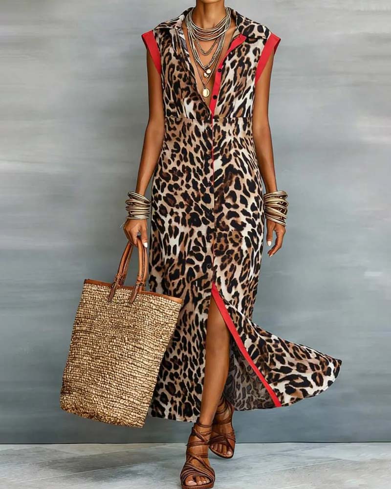 Lapel Leopard Print Contrast Maxi Dress