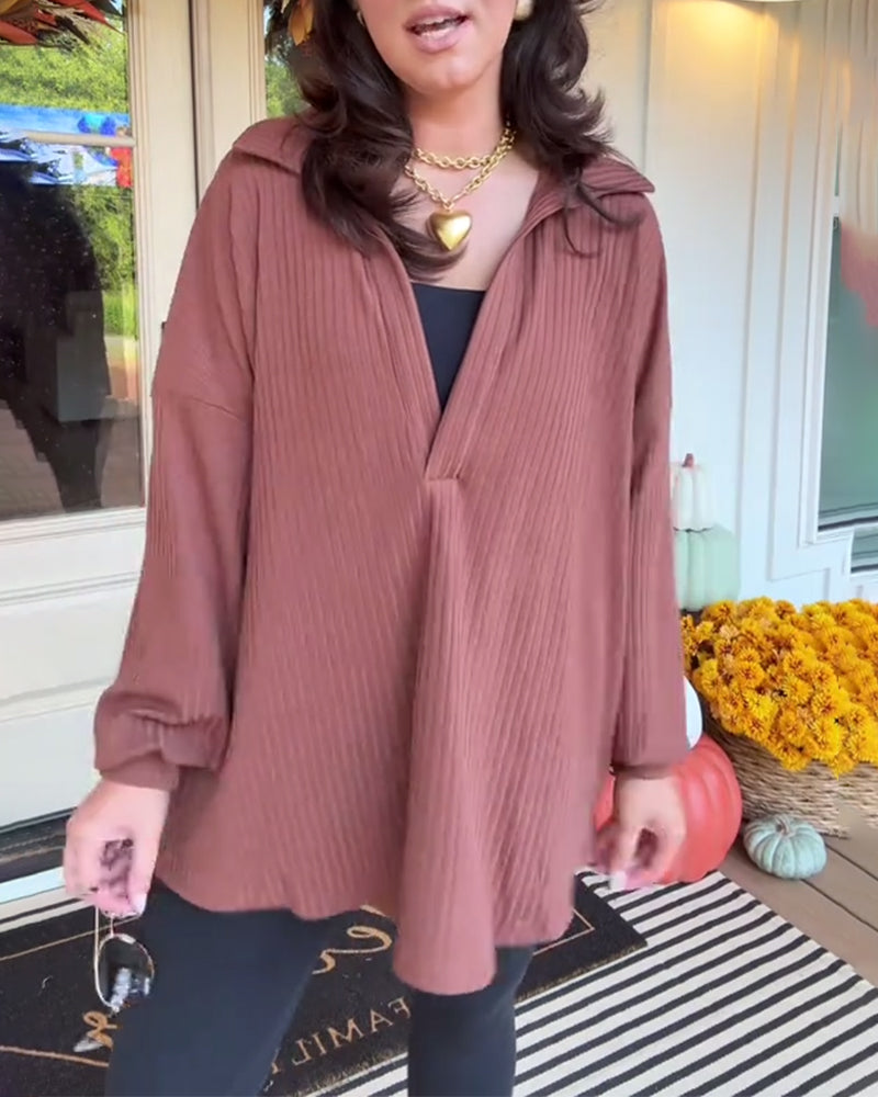 Casual Solid Color V-Neck Loose Long-Sleeved T-Shirt