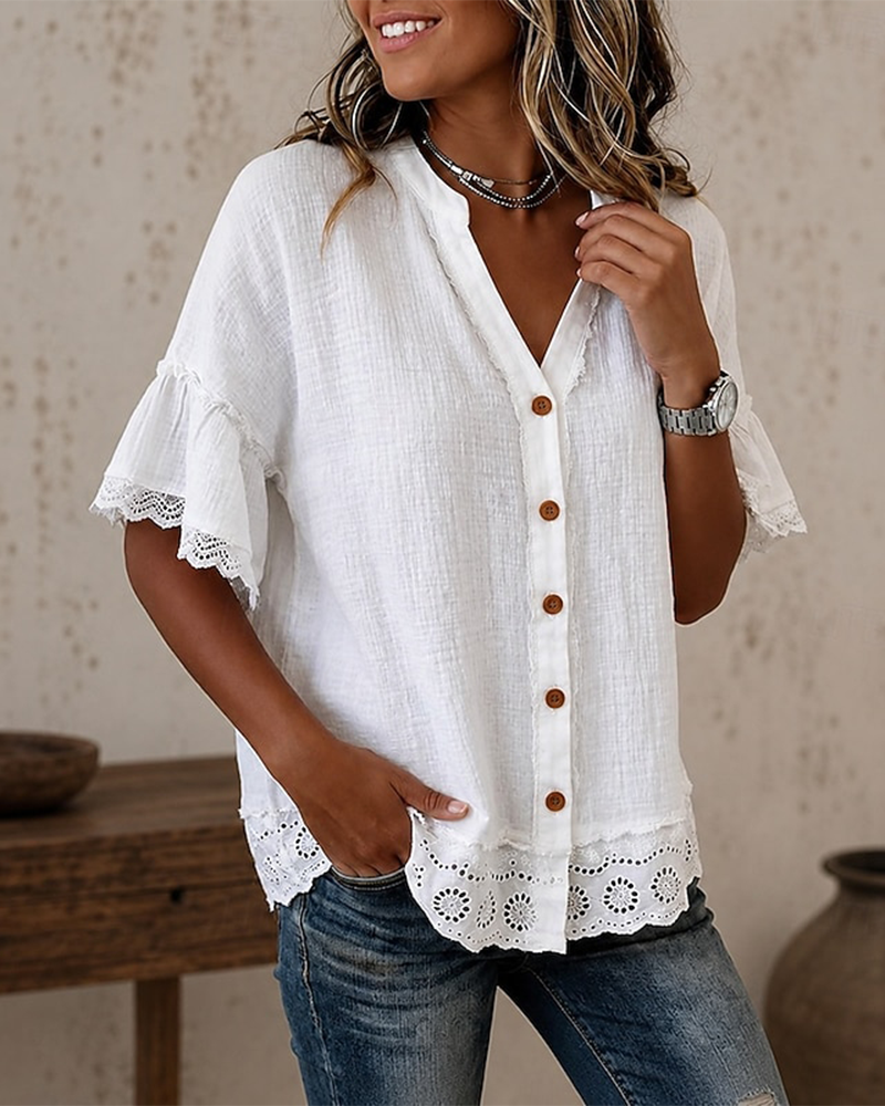 V-Neck Lace Patchwork Button Blouse