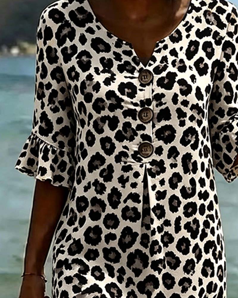 Leopard Print V-Neck Ruffled Dress