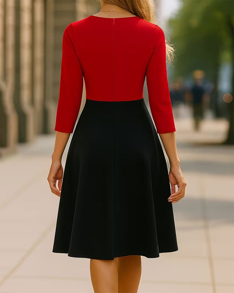 V-Neck Color-Blocked Fitted Waist Dress