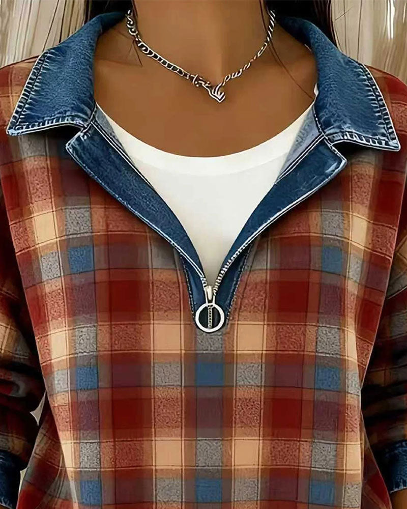 Denim Lapel Plaid Half-Zip Top