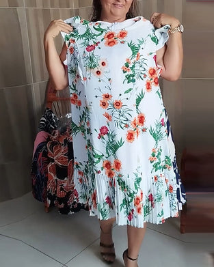 Paneled pleated floral print dress