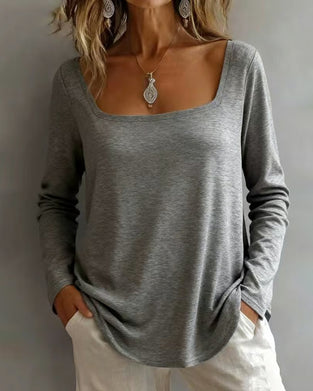 U-Neck Solid Color Long-Sleeved Top