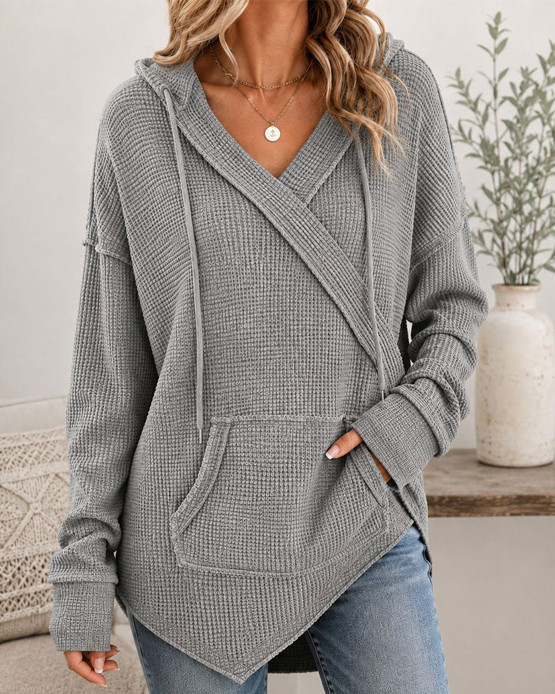Waffle Drawstring Pocket Hoodie
