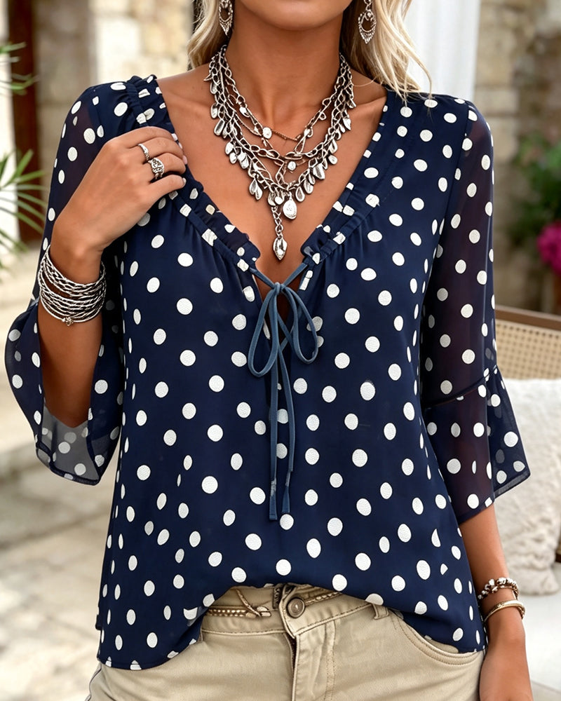 Polka Dot V-Neck Tie Casual Blouse