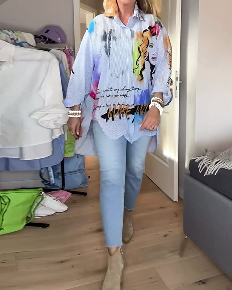 Portrait print fashion long sleeve shirt