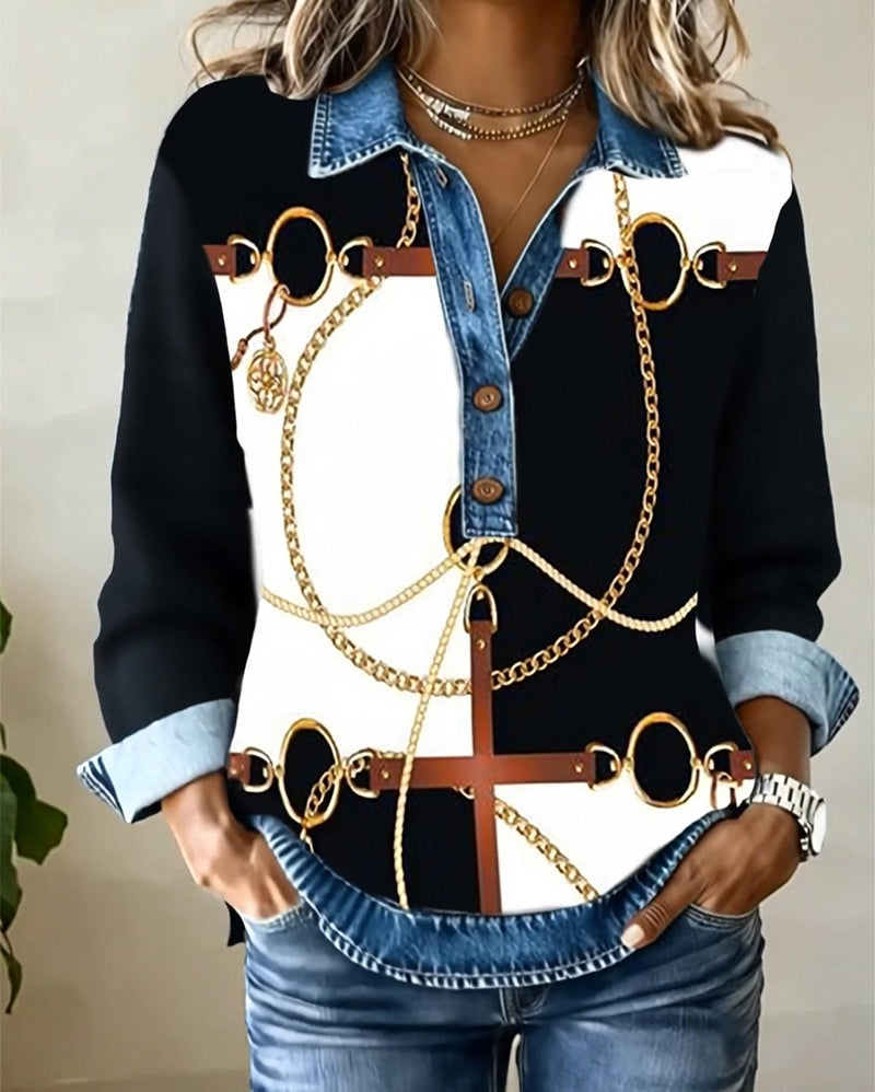 Denim Patchwork Chain Print Sweatshirt