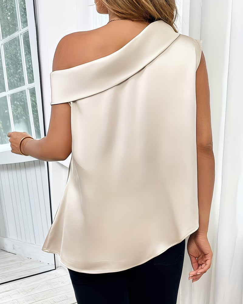 One Shoulder Short-Sleeved Satin Blouse