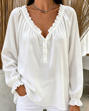 Ruffle Edge Long Sleeve V-Neck Blouse