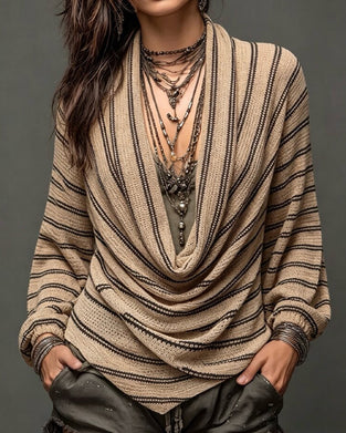 Striped Draped Neck Long-Sleeve Pullover