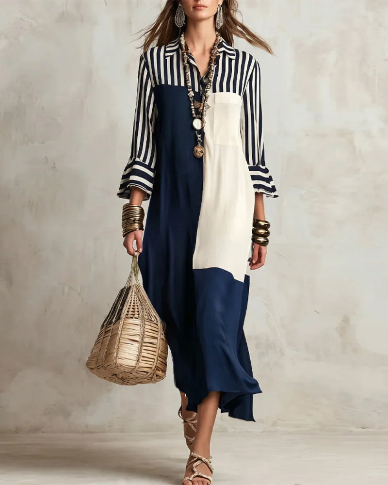 Color Block Striped Contrasting Shirt Dress