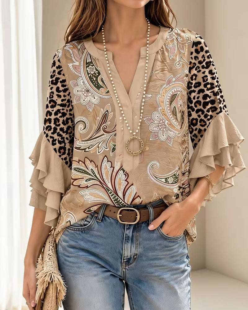 Leopard Print Panel Ruffle Sleeve Blouse