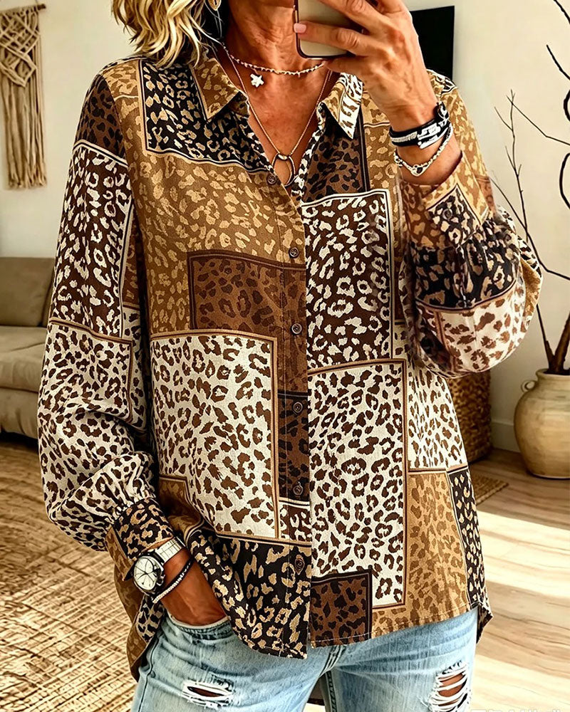 Lapel Button Leopard Plaid Shirt|