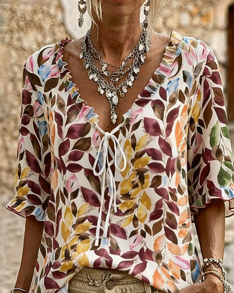 Casual Print Ruffle Sleeve Blouse