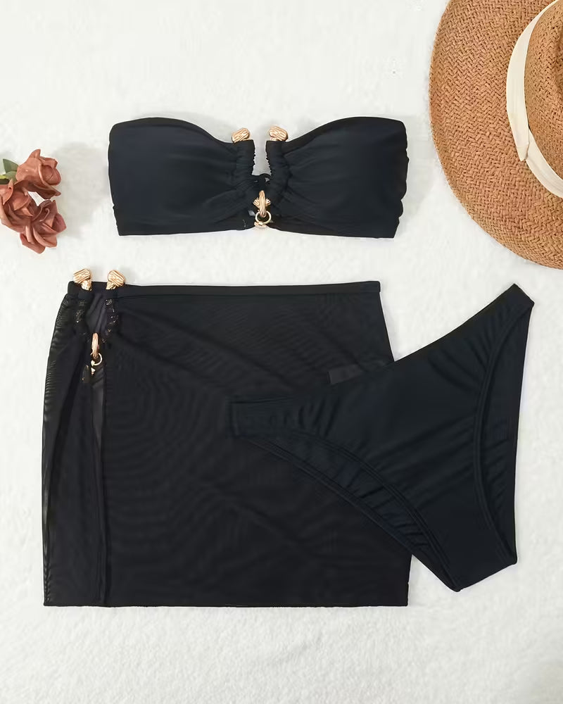 Solid Color Strapless Bikini Three-Piece Set