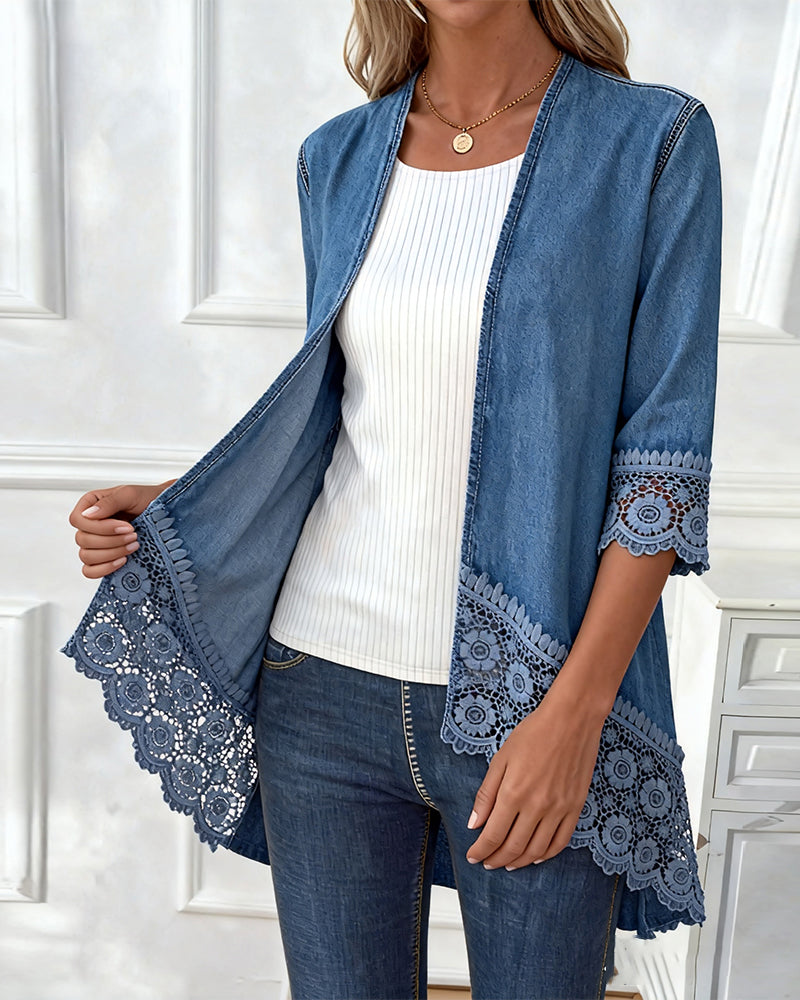 Lace Crochet Denim Patchwork Coat