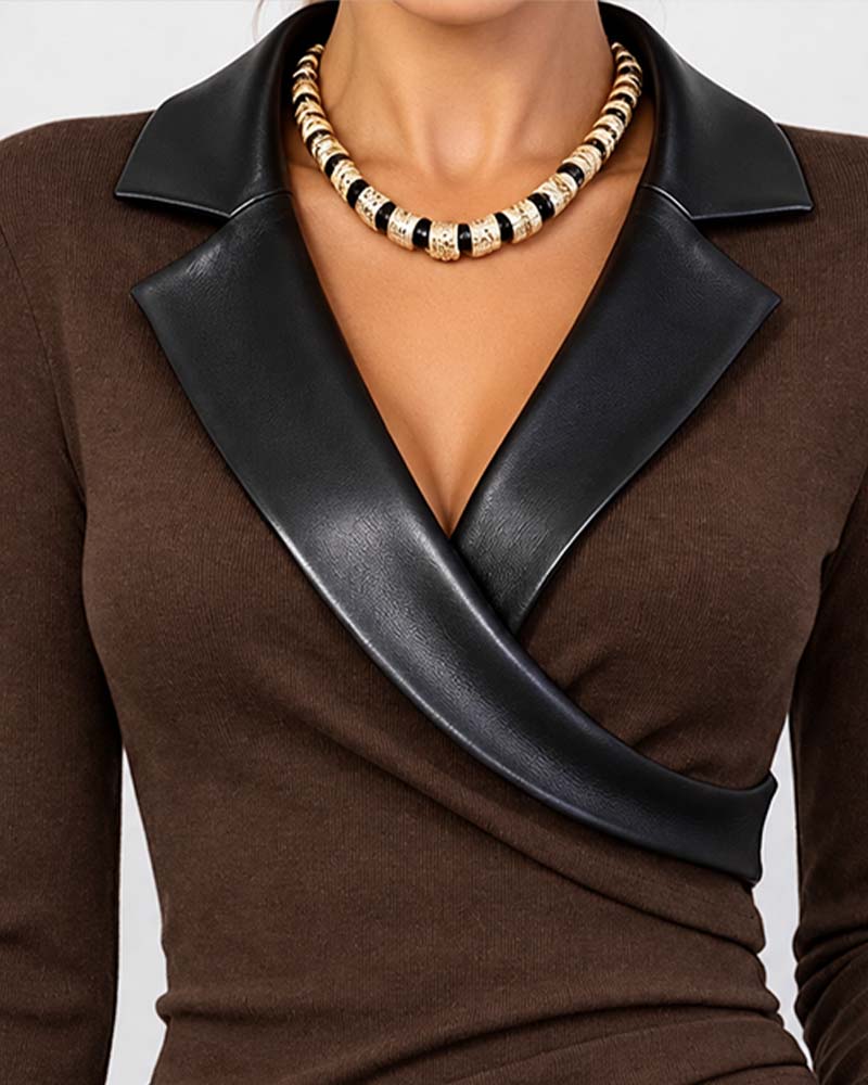 PU Lapel Cross Long Sleeve Top