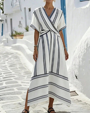Elegant Sophisticated Striped Cross Waist Dress
