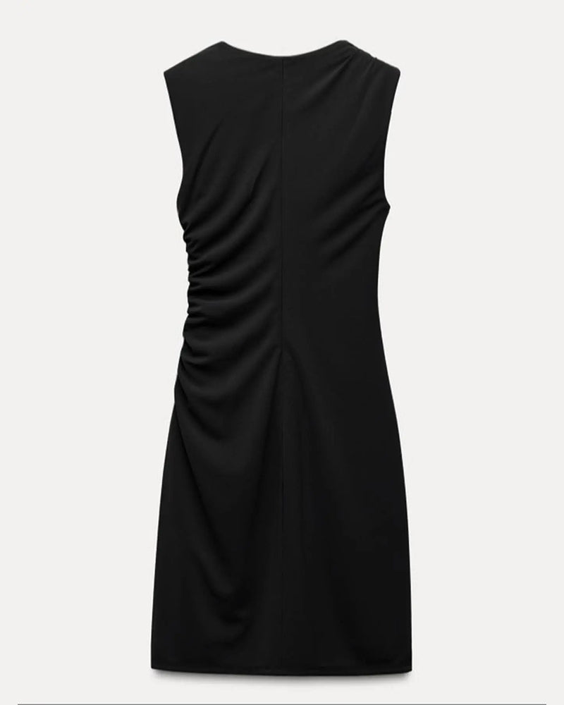 Solid Color Crew Neck Sleeveless Gathered Asymmetric Dress