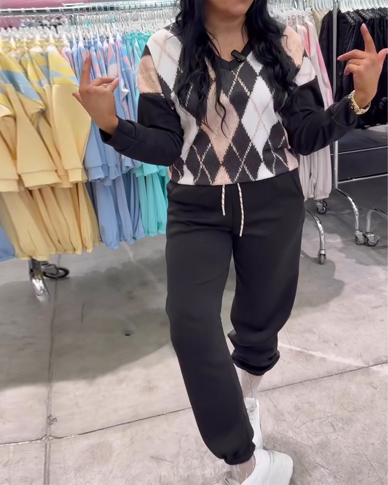 Diamond-Patterned Top And Trousers Two-Piece Set