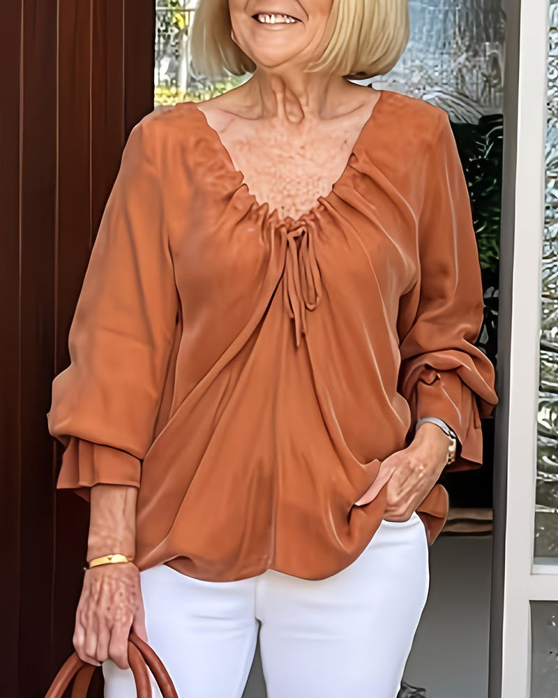 V-Neck Shirred Tie Casual Blouse