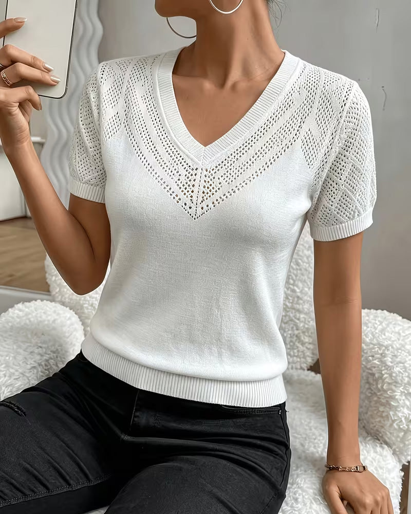 Solid Color Hollow Out V Neck Slim Fit Pullovers