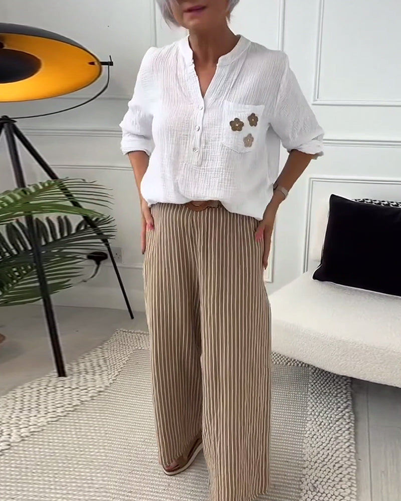 Casual floral print pocket long sleeve blouse