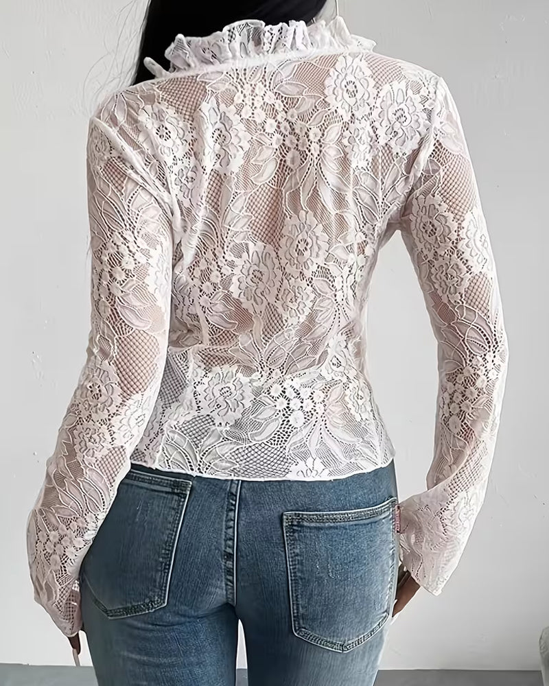 V-Neck Tie Lace Blouse