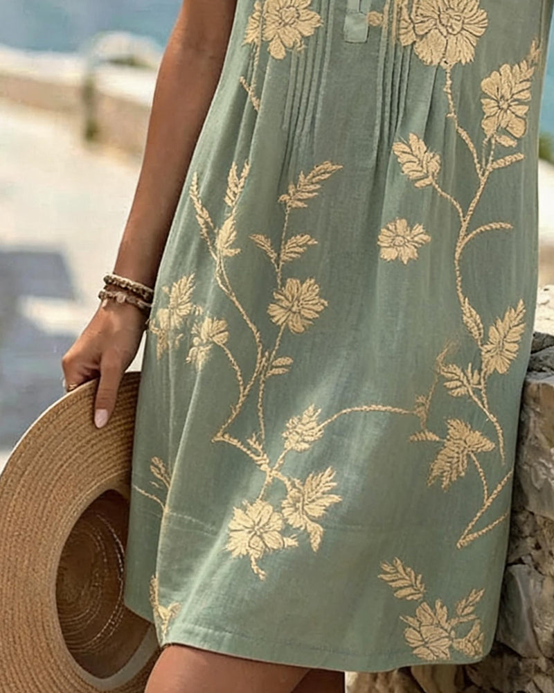 Round Neck Sleeveless Button Pleated Print Dress