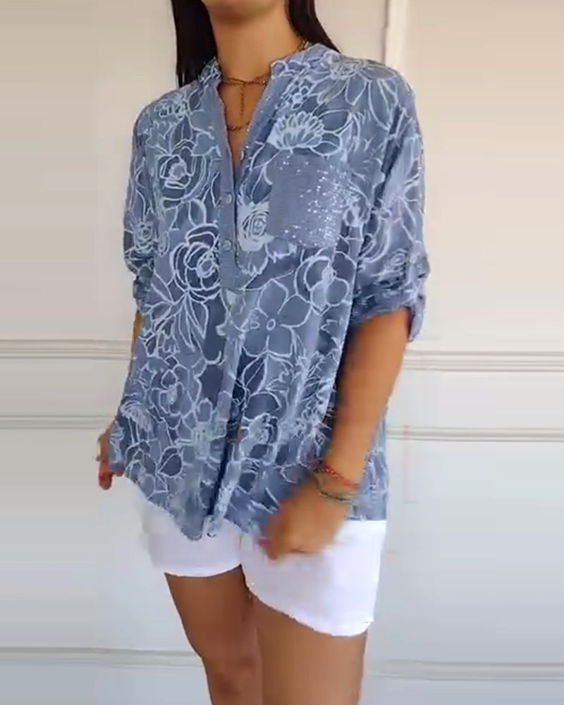 V-Neck Button-Down Printed Blouse