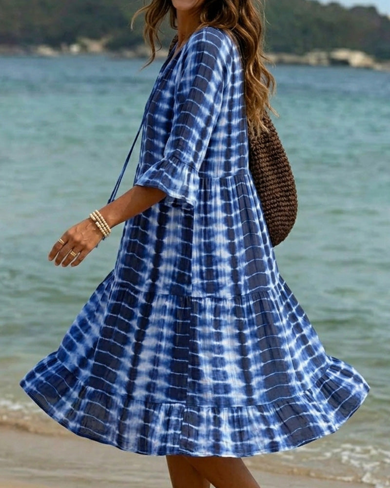 V-Neck Blue Tone Print Dress