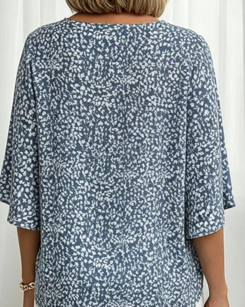 V-Neck Split Bell Sleeve Floral Elbow-Length Blouse